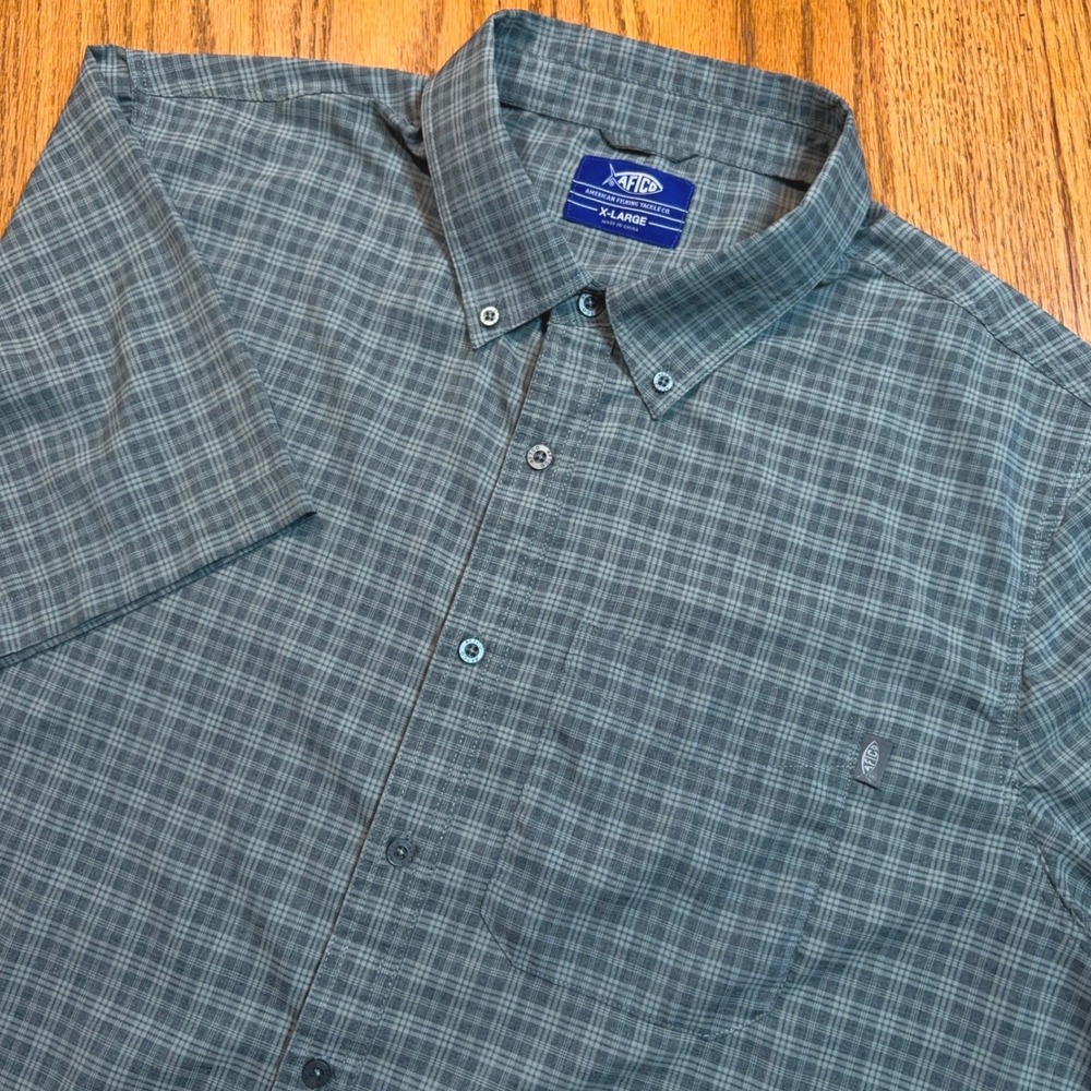AFTCO Fishing Shirt Mens XL Green Plaid Short Sleeve Button Down Performance